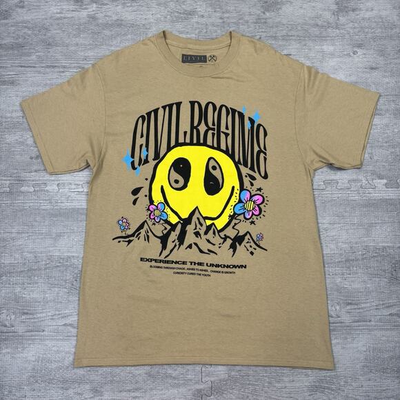 Civil Regime Experience The Unknown Men’s Shirt Size Large L Beige Smiley Face - Picture 1 of 5